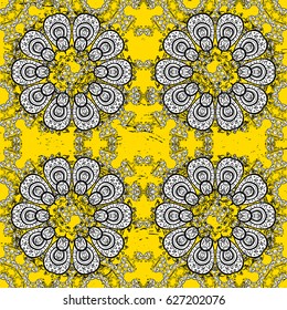 Oriental style arabesques. Openwork delicate white pattern. Vector. Pattern on yellow background with white elements. White texture curls. Brilliant lace, stylized flowers, paisley.