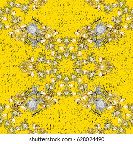 Oriental style arabesques. Openwork delicate white pattern. Pattern on yellow background with white elements. Brilliant lace, stylized flowers, paisley. White texture curls. Vector.