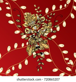 Oriental style arabesques. Openwork delicate golden pattern. Seamless golden texture curls. Seamless pattern on red, yellow colors with golden elements. Brilliant lace, stylized flowers, paisley.