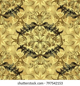Oriental style arabesques. Openwork delicate golden pattern. Seamless pattern on colors with golden elements. Brilliant lace, stylized flowers, paisley. Seamless golden texture curls. Vector design.