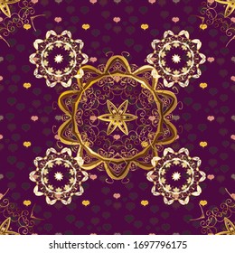 Oriental style arabesques. Openwork weaving delicate, nice background. Pictures in brown and purple colors. Brilliant lace, stylized flowers. Vector illustration. Seamless pattern. Cute textured curls