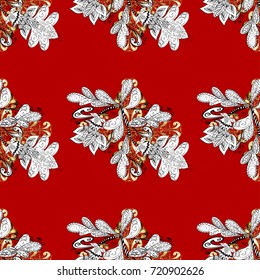Oriental style arabesques. Ornamental golden textured curls. Vector golden pattern. Vector illustration. Red, white and gray colors with golden elements.