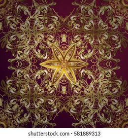 Oriental style arabesques. Pattern on pink background with golden elements. Vector. Openwork delicate golden pattern. Brilliant lace, stylized flowers, paisley. Golden texture curls.