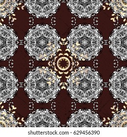 Oriental style arabesques. Pattern on brown background with golden elements. Openwork delicate golden pattern. Golden texture curls. Brilliant lace, stylized flowers, paisley. Vector.