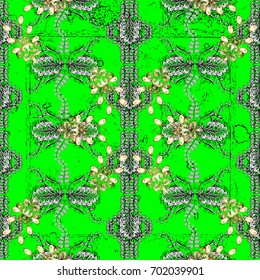 Oriental style arabesques. Pattern on green roughness background with white elements. Vector pattern. White textured curls.