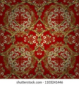 Oriental style arabesques. Seamless golden texture curls. Brilliant lace, stylized flowers, paisley. Openwork delicate golden pattern. Seamless pattern on red colors with golden elements. Vector.