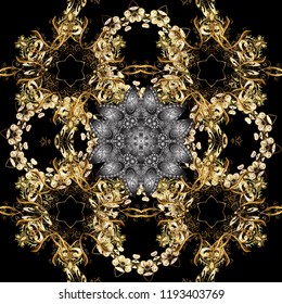 Oriental style arabesques. Seamless golden textured curls. Vector golden pattern. Vector illustration. Black, brown and gray colors with gold elements.