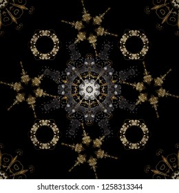Oriental style arabesques. Seamless golden texture curls. Brilliant lace, stylized flowers, paisley. Seamless pattern on black colors with golden elements. Openwork delicate golden pattern. Vector art