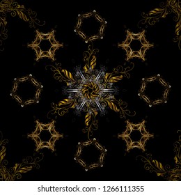 Oriental style arabesques. Seamless golden textured curls. Black and brown colors with gold elements. Vector golden pattern. Vector illustration.