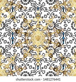 Oriental style arabesques. Seamless golden texture curls. Openwork delicate golden pattern. Seamless pattern on black and white colors with golden elements. Brilliant lace, stylized flowers. Vector.