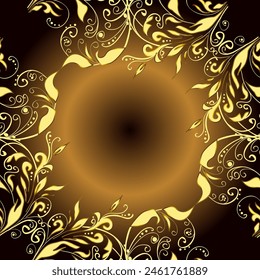 Oriental style arabesques. Seamless golden texture curls. Brilliant lace, flowers, paisley. Openwork delicate golden pattern. Vector. Seamless pattern on brown and yellow colors with golden elements.
