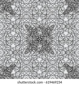 Oriental style arabesques. Seamless golden textured curls. Golden pattern on gray background with with white doodles. Vector golden pattern.