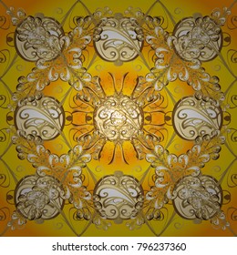 Oriental style arabesques. Seamless golden textured curls. Yellow, beige and brown colors with gold elements. Vector golden pattern. Vector illustration.