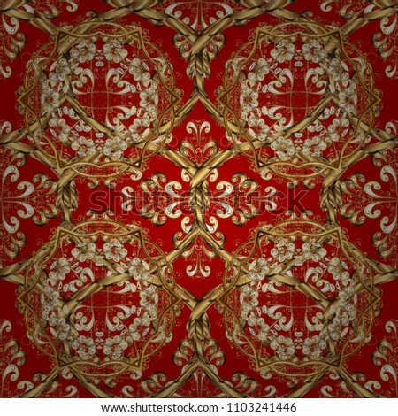 Oriental style arabesques. Seamless golden texture curls. Brilliant lace, stylized flowers, paisley. Openwork delicate golden pattern. Seamless pattern on red colors with golden elements. Vector.