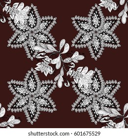 Oriental style arabesques. Seamless pattern on brown background with white elements. Brilliant lace, stylized flowers, paisley. Openwork delicate white pattern. Seamless white texture curls. Vector.