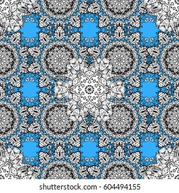 Oriental style arabesques. Seamless white textured curls. Blue background with gray elements. Vector white pattern. Vector illustration.