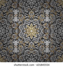 Oriental style arabesques. Vector art. Openwork delicate dim pattern. Seamless pattern on gray background with dim elements. Brilliant lace, stylized flowers, paisley. Seamless dim texture curls.