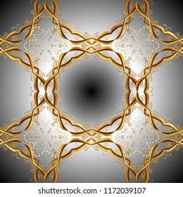 Oriental style arabesques. Vector golden pattern. Ornamental golden textured curls. Gray, brown and neutral colors with gold elements. Vector illustration.