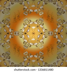 Oriental style arabesques. Vector golden pattern. Seamless golden textured curls. Vector illustration. Yellow, orange and beige colors with gold elements.