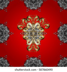 Oriental style arabesques. Vector golden pattern. Vector illustration. Seamless golden textured curls. Red background with golden elements.