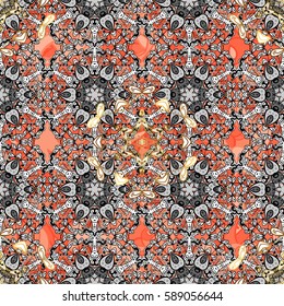 Oriental style arabesques. Vector golden pattern. Seamless golden textured curls. Golden pattern on background with with white doodles.