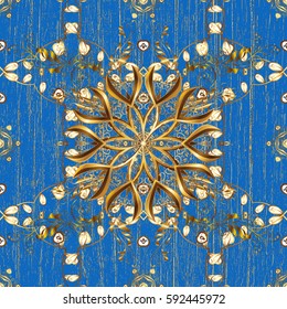 Oriental style arabesques. Vector golden pattern. Golden textured curls. Colored pattern on blue background with golden elements.