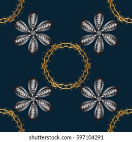 Oriental style arabesques. Vector golden pattern. Seamless golden textured curls. Golden pattern on blue background with with white doodles.