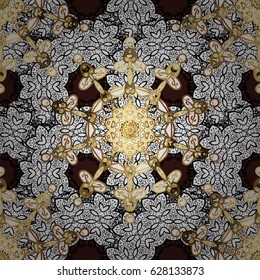 Oriental style arabesques. Vector golden pattern. Golden textured curls. Brown background with golden elements.