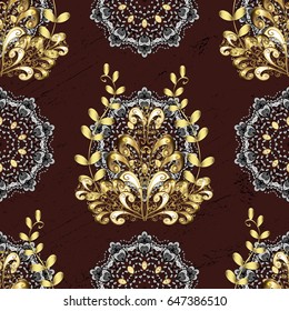 Oriental style arabesques. Vector golden pattern. Golden textured curls. Colored pattern on brown background with golden elements.