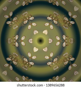 Oriental style arabesques. Vector illustration. Seamless golden textured curls. Green and neutral colors with gold elements. Vector golden pattern.