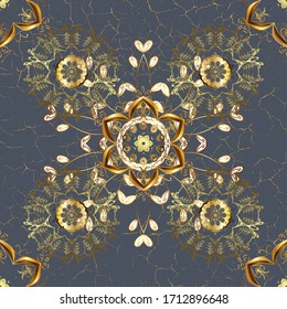 Oriental style arabesques. Vector illustration. Blue and brown colors with gold elements. Vector golden pattern. Seamless golden textured curls.
