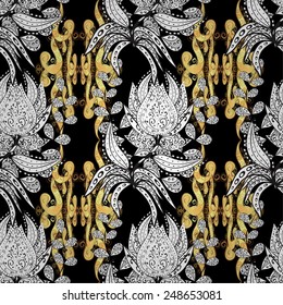 Oriental style arabesques. Vector illustration. Vector golden pattern. Seamless golden textured curls. Black colors with golden elements.