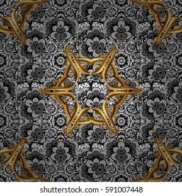 Oriental style arabesques. Vector illustration. Pink background with golden elements. Seamless golden textured curls. Vector golden pattern.
