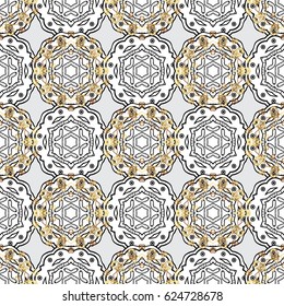 Oriental style arabesques. Vector illustration. Gray background with golden elements. Seamless golden textured curls. Vector golden pattern.