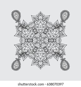 Oriental style arabesques. Vector illustration. Textured curls. Vector pattern. Gray and dim background with isolated elements.
