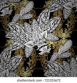 Oriental style arabesques. Vector illustration. White, black and gray colors with golden elements. Seamless golden textured curls. Vector golden pattern.