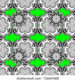 Oriental style arabesques. Vector. Openwork delicate pattern. White texture curls. Pattern on green and white background with white elements. Brilliant lace, stylized flowers, paisley.