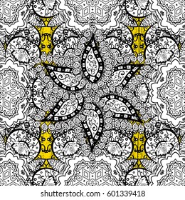 Oriental style arabesques. Vector white pattern. White textured curls. Pattern on yellow background with white elements.