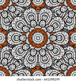 Oriental style arabesques. Vector white pattern. White roughness textured curls. Orange background with white elements.