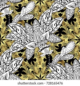 Oriental style arabesques. White, black and neutral colors with golden elements. Vector golden pattern. Seamless golden textured curls. Vector illustration.