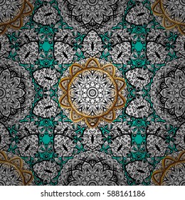 Oriental style arabesques white pattern on a blue background with white elements. Vector white pattern. Seamless textured curls.