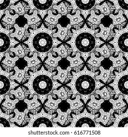 Oriental style arabesques white pattern on a black background with white elements. Vector white pattern. Seamless textured curls.