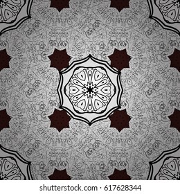 Oriental style arabesques white pattern on a brown background with white elements. Vector white pattern. Seamless textured curls.