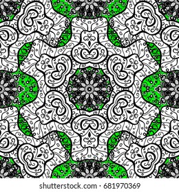 Oriental style arabesques. White roughness textured curls. Green and white background with gray elements. Vector white pattern.