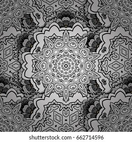 Oriental style arabesques. White texture curls. Pattern on brown background with white elements. Brilliant lace, stylized flowers, paisley. Vector. Openwork delicate white pattern.