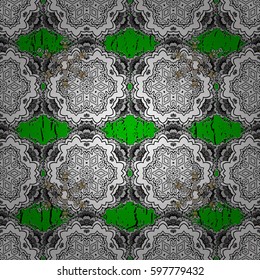 Oriental style arabesques. White textured curls. Colored pattern on green background with white elements. Vector white pattern.