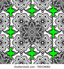 Oriental style arabesques. White textured curls. Pattern on green roughness background with white elements. Vector pattern.