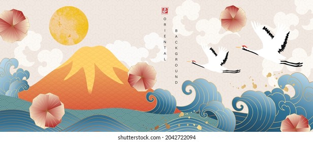 Oriental style background vector. Chinese and Japanese oriental line art with golden line art texture. Wallpaper design with Mount Fuji , sun, Flamingo, Ocean and wave.  