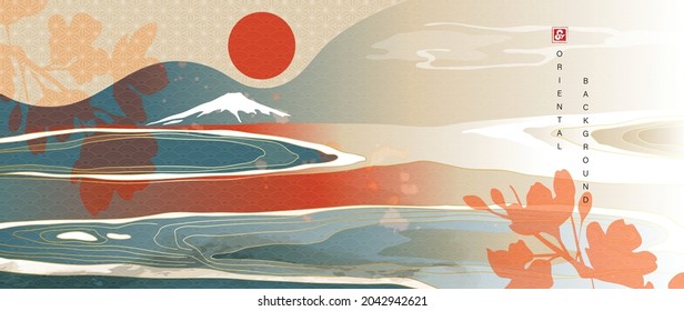 Oriental style background vector. Chinese and Japanese pattern oriental line art with golden line art texture. Wallpaper design with Mount Fuji , sun, Cherry blossoms flower , Ocean and wave.