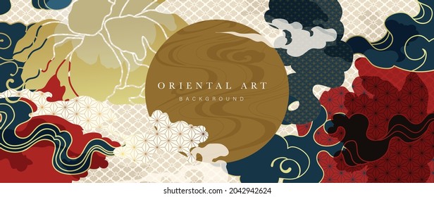 Oriental style background vector. Chinese and Japanese pattern oriental line art with golden line art texture. Wallpaper design with Mount Fuji , sun, Cherry blossoms flower , Ocean and wave.